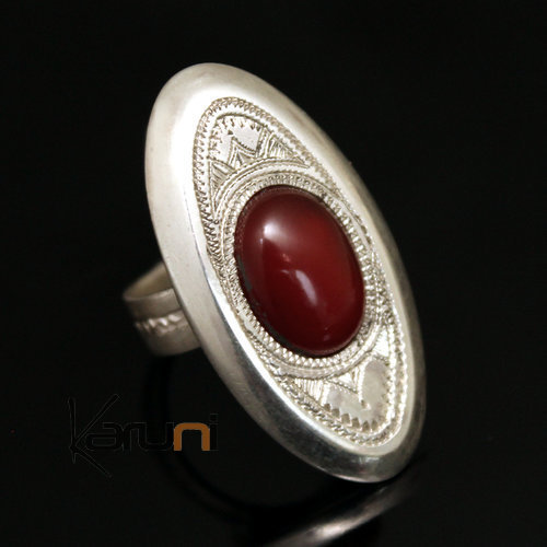 Ethnic Ring Sterling Silver Jewelry Red Agate Engraved Oval Tuareg Tribe Design 06