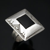 Ethnic Ring Sterling Silver Jewelry Black Onyx Engraved Big Rectangle Tuareg Tribe Design 04