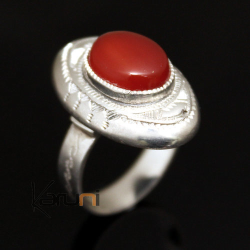 Ethnic Ring Sterling Silver Jewelry Red Agate Engraved Oval Tuareg Tribe Design 29