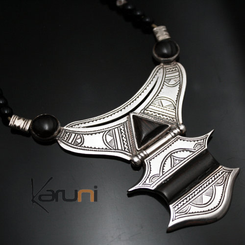 Ethnic Necklace Sterling Silver Jewelry Ebony Black Onyx Tuareg Tribe Design  KARUNI 01