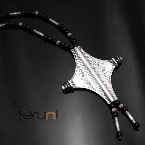 Ethnic Necklace Sterling Silver Jewelry Ebony Black Onyx Tuareg Tribe Design  KARUNI 04