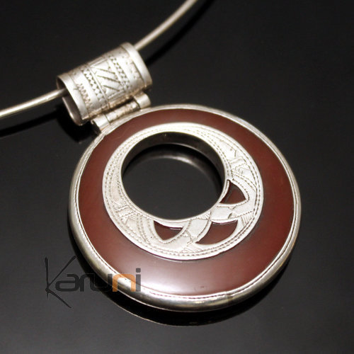 African Necklace Pendant Sterling Silver Ethnic Jewelry Red Agate Round Tuareg Tribe Design 14