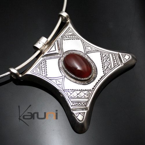 African Necklace Pendant Sterling Silver Ethnic Jewelry Red Agate Square Tuareg Tribe Design 34