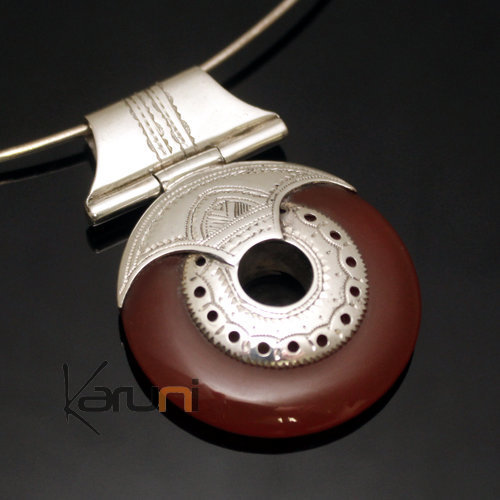 African Necklace Pendant Sterling Silver Ethnic Jewelry Round Red Agate Tuareg Tribe Design 04