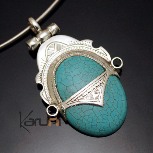 African Necklace Pendant Sterling Silver Ethnic Jewelry Goddess Head Blue Turquoise Oval Tuareg Tribe Design 01