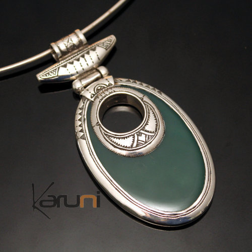 African Necklace Pendant Sterling Silver Ethnic Jewelry Big Drop Green Agate Tuareg Tribe Design 03