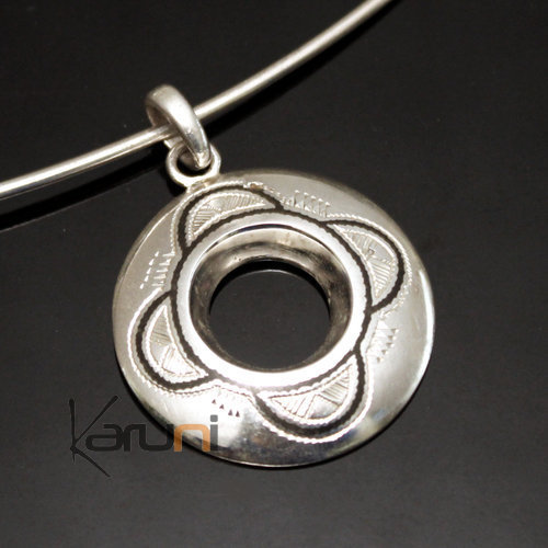 African Necklace Pendant Sterling Silver Ethnic Jewelry Small Engraved Round Tuareg Tribe Design 19