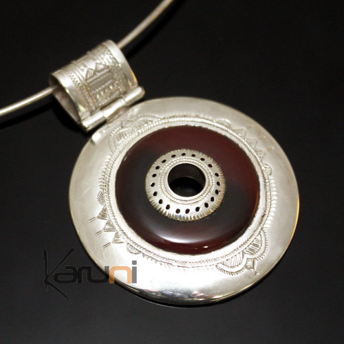 African Necklace Pendant Sterling Silver Ethnic Jewelry Red Agate Round Tuareg Tribe Design 23