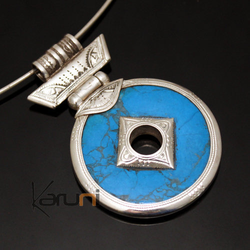 African Necklace Pendant Sterling Silver Ethnic Jewelry Turquoise Howlite Round Tuareg Tribe Design 01