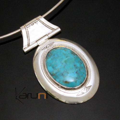 African Necklace Pendant Sterling Silver Ethnic Jewelry Turquoise Oval Tuareg Tribe Design 01