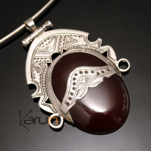African Necklace Pendant Sterling Silver Ethnic Jewelry Goddess Head Red Agate Oval Tuareg Tribe Design 28