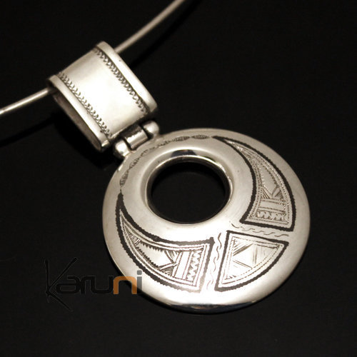 African Necklace Pendant Sterling Silver Ethnic Jewelry Engraved Round Tuareg Tribe Design 17
