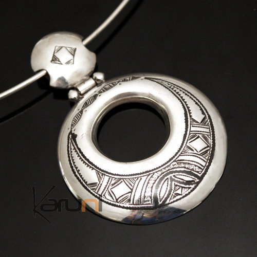 African Necklace Pendant Sterling Silver Ethnic Jewelry Big Engraved Round Tuareg Tribe Design 21