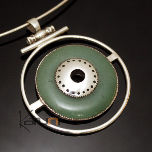 African Necklace Pendant Sterling Silver Ethnic Jewelry Green Jade Round Tuareg Tribe Design 01