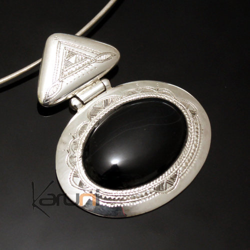 African Necklace Pendant Sterling Silver Ethnic Jewelry Black Onyx Oval Tuareg Tribe Design 08