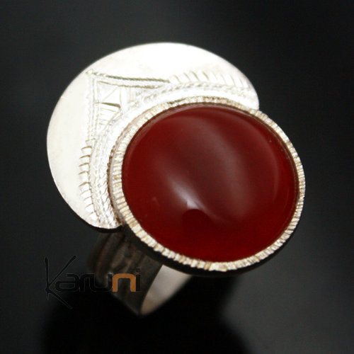 Ethnic Crown Ring Sterling Silver Jewelry Red Agate Round Tuareg Tribe Design 33