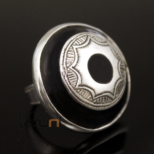 Ethnic Big Round Ring Sterling Silver Jewelry Ebony Engraved Tuareg Tribe Design 02