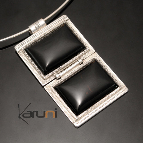African Necklace Pendant Sterling Silver Ethnic Jewelry Black Onyx Double Rectangle Tuareg Tribe Design 17