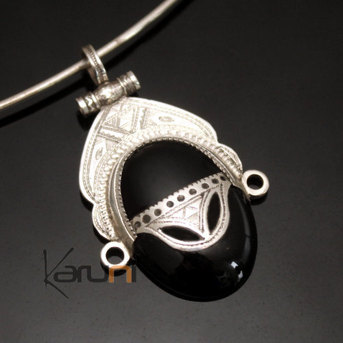 African Necklace Pendant Sterling Silver Ethnic Jewelry Goddess Head Black Onyx Oval Tuareg Tribe Design 04