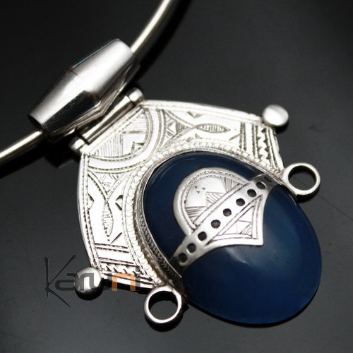 African Necklace Pendant Sterling Silver Ethnic Jewelry Desert Princess Oval Blue Agate Tuareg Tribe Design 04