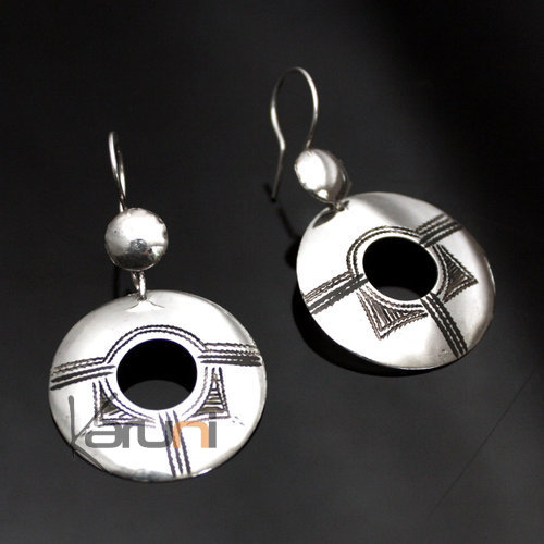 Ethnic Jewelry Tuareg Earrings in Silver Round Hollow Engraved 05