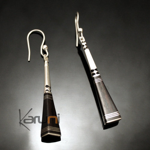 Ethnic African Jewelry Earrings Sterling Silver Ebony Clubs Engraved Square Dark Ties Tuareg Tribe Design 37