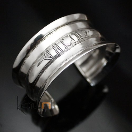 Ethnic Cuff Bracelet Sterling Silver Concave Jewelry Engraved Tuareg Tribe Design 03