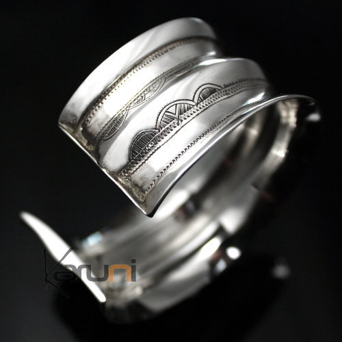 Ethnic Cuff Bracelet Sterling Silver Concave Jewelry Engraved Tuareg Tribe Design 04