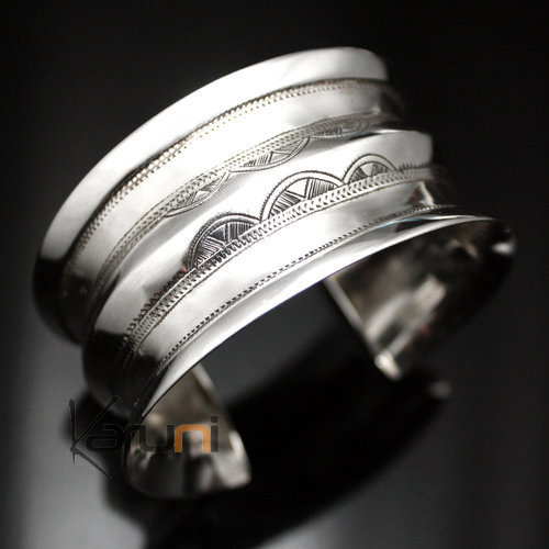 Ethnic Cuff Bracelet Sterling Silver Concave Jewelry Engraved Tuareg Tribe Design 04