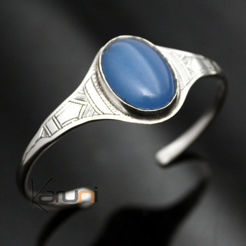 Ethnic Bracelet Sterling Silver Jewelry Blue Agate Oval IZZA Tuareg Tribe Design  KARUNI 02