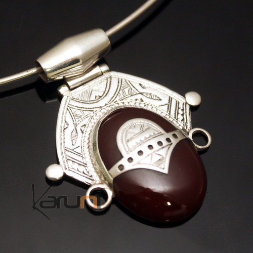 African Necklace Pendant Sterling Silver Ethnic Jewelry Goddess Princess Head Red Agate Tuareg Tribe Design 12