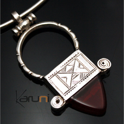 African Southern Cross Necklace Pendant Sterling Silver Ethnic Jewelry Small Red Agate from Ingall Tuareg Tribe Design  KARUNI 01