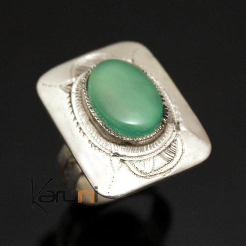 Ethnic Ring Sterling Silver Jewelry Green Agate Rectangle Tuareg Tribe Design 05