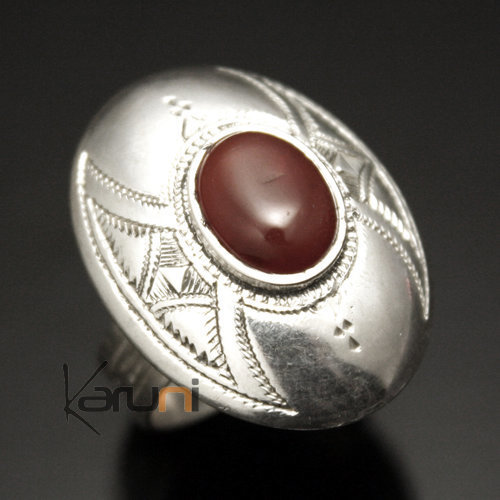 Ethnic Ring Sterling Silver Jewelry Red Agate Engraved Oval Tuareg Tribe Design 02