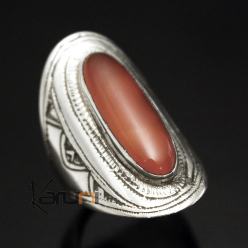 Ethnic Ring Sterling Silver Jewelry Red Agate Long Oval Tuareg Tribe Design 18