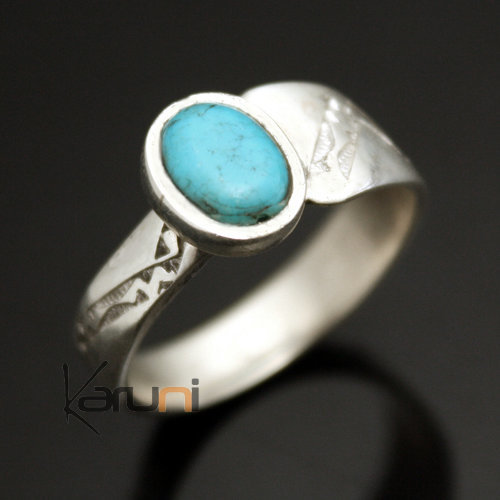 Ethnic Turquoise Ring Sterling Silver Jewelry Thin Oval Adjustable Tuareg Tribe Design 02