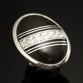 African Big Band Ring Sterling Silver Ethnic Jewelry Round Ebony Oval Diagonal Tuareg Tribe Design 01