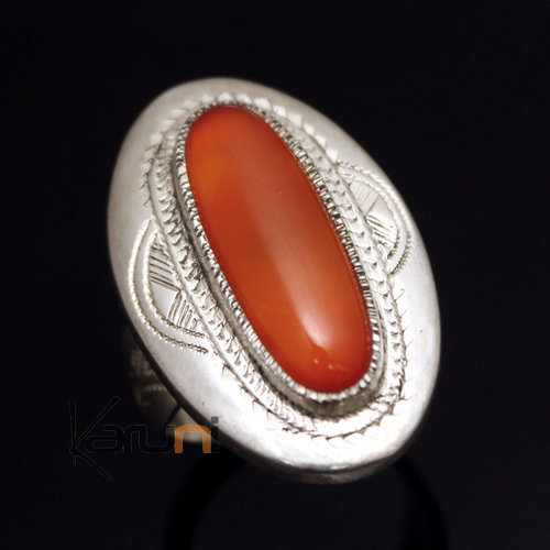 Ethnic Ring Sterling Silver Jewelry Red Agate Engraved Oval Tuareg Tribe Design 03