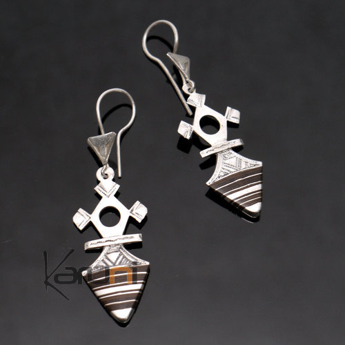 Ethnic Southern Cross Earrings Sterling Silver Ebony Jewelry from Inabagret Niger Tuareg Tribe Design 76 5 cm