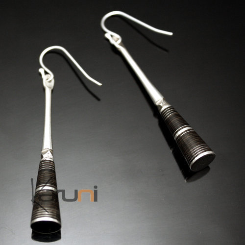 Ethnic African Jewelry Earrings Sterling Silver Ebony Clubs Double Engraved Lines Ball Dark Ties Tuareg Tribe Design 39