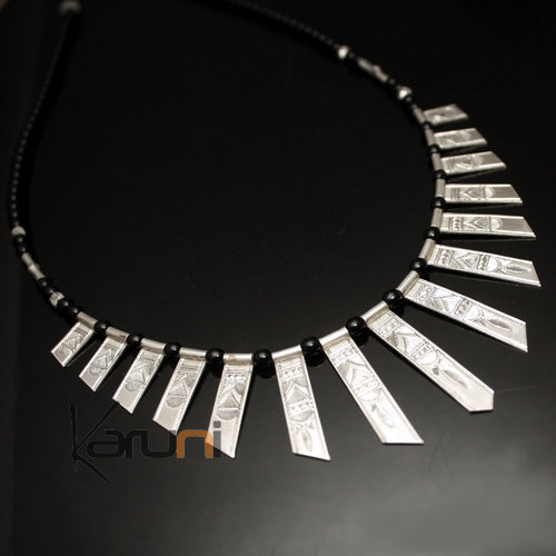 Ethnic Necklace Sterling Silver Jewelry Black Glass Beads Large Celebra Tuareg Tribe Design 