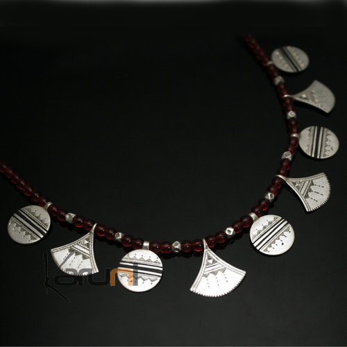 Ethnic Necklace Sterling Silver Jewelry Red Shat-Shat Flower Rounds Tuareg Tribe Design  KARUNI 