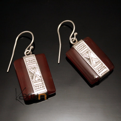 Ethnic Earrings Sterling Silver Jewelry Rectangle Red Agate Tuareg Tribe Design 04