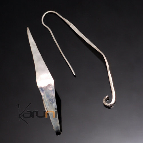 Fulani Earrings Plated Silver Long Thin Curved Leaves African Ethnic Jewelry Mali