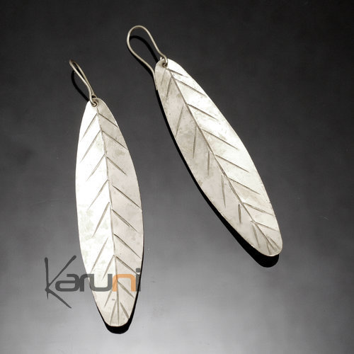 Fulani Earrings Plated Silver Smooth Thin Leaves Lines African Ethnic Jewelry Mali