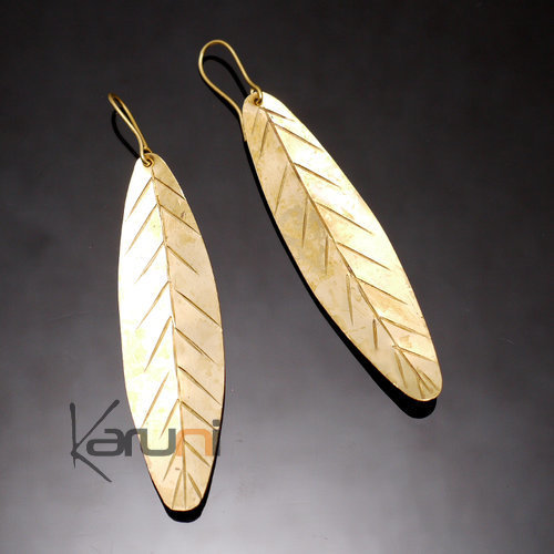 Fulani Earrings Golden Bronze Smooth Thin Leaves Lines African Ethnic Jewelry Mali