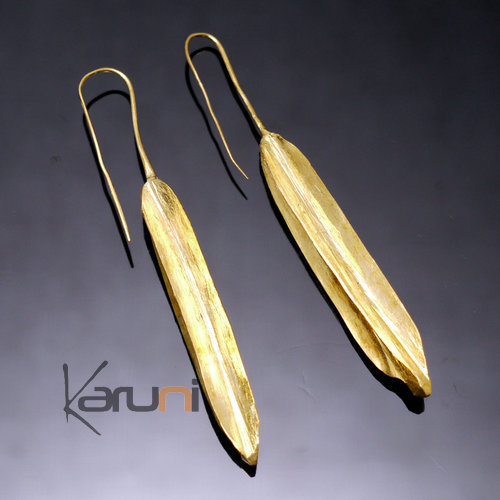 Fulani Earrings Golden Bronze Long Straight Leaves African Ethnic Jewelry Mali