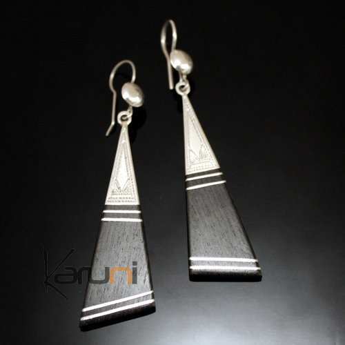 Ethnic Earrings Sterling Silver Jewelry Ebony Long Engraved Triangles Filigree Tuareg Tribe Design 62