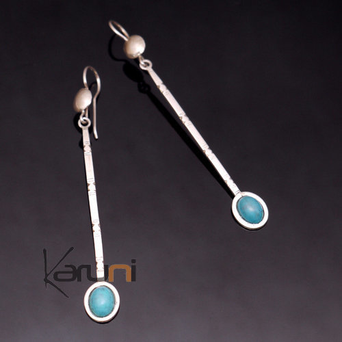 Ethnic African Jewelry Earrings in Sterling Silver Long Rod Cabochon Turquoise 02 Tuareg Tribe Design