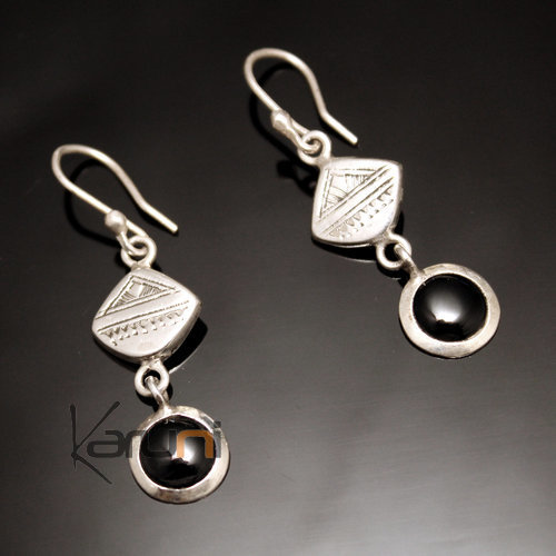 Ethnic Earrings Sterling Silver Jewelry Black Onyx Round Diamond Pendant Tuareg Tribe Design 05